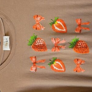 Starlet: Coquette Country Cottage Strawberry/Bows Brown T-Shirt: XL